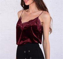 Load image into Gallery viewer, Women's Summer Lace Floral Camis V Neck Tops Sleeveless Strap Velvet Tops Solid Pink Red Blue Black  Female Sexy Velvet Vest