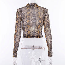 Load image into Gallery viewer, Casual Green Snake Print T Shirt Women Mesh Top Long Sleeve Transparent Snakeskin Female T-shirt High Neck Crop Tops GRNSHTS