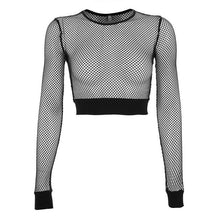 Load image into Gallery viewer, Women T-shirt Solid Black Mesh Sexy Hot Long Sleeve Perspective Mesh Fishnet Crop Tops T-Shirt