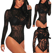 Load image into Gallery viewer, Women Sexy Sheer Mesh Lace Jumpsuit Long Sleeve Top Turtleneck Bodysuit USA