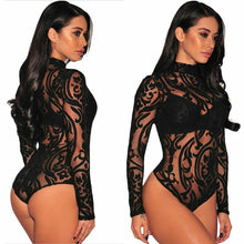 Load image into Gallery viewer, Women Sexy Sheer Mesh Lace Jumpsuit Long Sleeve Top Turtleneck Bodysuit USA