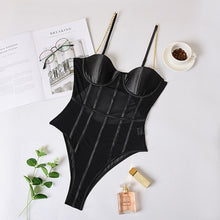 Load image into Gallery viewer, Cryptographic Black Mesh Transparent Bodysuit Metal Chain Straps Backless Bodysuits Sexy Bodycon Jumpsuit Fashion Club Party