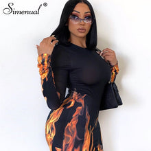 Load image into Gallery viewer, Simenual Fashion Women Bodycon Dress Flame Printed Long Sleeve Sexy Midi Dresses Autumn 2019 Skinny Slim Female Hot Party Dress