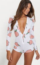 Load image into Gallery viewer, Sexy Women Deep V-neck Bodycon Sleepwear Jumpsuit Bodysuit Shorts Romper Bodysuit Leotard Long Sleeve Print Button Bodysuit New