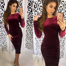 Load image into Gallery viewer, Elegant Plain Evening Party Club Formal Ladies Classic vestidos Fashion Women Long Sleeve Velvet Stretch Bodycon Midi Dress