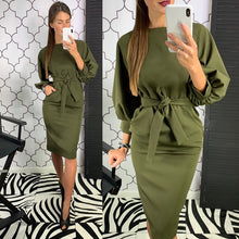 Load image into Gallery viewer, Women Vintage Lantern Sleeve Sashes Party D ress Long Sleeve O neck Solid Sheath Elegant Casual Dress 2019 Autumn Fashion Dress