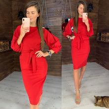 Load image into Gallery viewer, Women Vintage Lantern Sleeve Sashes Party D ress Long Sleeve O neck Solid Sheath Elegant Casual Dress 2019 Autumn Fashion Dress