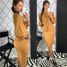 Load image into Gallery viewer, Women Vintage Lantern Sleeve Sashes Party D ress Long Sleeve O neck Solid Sheath Elegant Casual Dress 2019 Autumn Fashion Dress