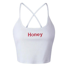 Load image into Gallery viewer, White Red Ladies Short Tight Shirt Women Fashion Honey Letter Strap Tank Tops 2018 Female Slip Crop Tops Sexy Club Camisoles