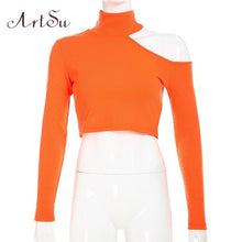 Load image into Gallery viewer, ArtSu Women Basic Turtle Neck Woman Tshirt One Shoulder Off Sexy T Shirt Tops Tees Fashion High Street Tee Shirt Femme ASTS21265