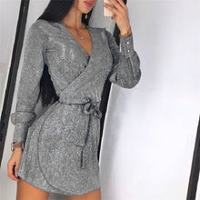 Load image into Gallery viewer, Sexy Bright Silk Shiny Bodycon Dresses Women Spring Autumn Long Sleeve Belted Party Dress Elegant Glitter Ladies Dress Vestidos