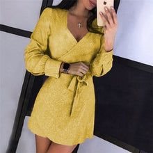 Load image into Gallery viewer, Sexy Bright Silk Shiny Bodycon Dresses Women Spring Autumn Long Sleeve Belted Party Dress Elegant Glitter Ladies Dress Vestidos