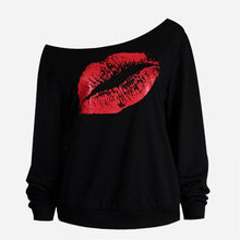 Load image into Gallery viewer, Sexy Red Lip Print Pullover T Shirt Casual One Shoulder Long Sleeve Women Autumn T-shirt  Sweatshirt  Camisetas Black Tops Tees