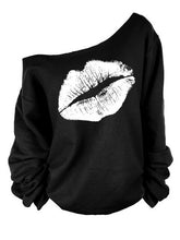Load image into Gallery viewer, Sexy Red Lip Print Pullover T Shirt Casual One Shoulder Long Sleeve Women Autumn T-shirt  Sweatshirt  Camisetas Black Tops Tees