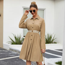 Load image into Gallery viewer, Elegant Office Lady Women Dress A-Line Stand Neckline Long Sleeve Button Elastic Waist Simple Short Dress Roupa Feminina 2020