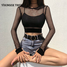 Load image into Gallery viewer, Women T-shirt Solid Black Mesh Sexy Hot Long Sleeve Perspective Mesh Fishnet Crop Tops T-Shirt