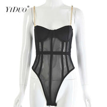 Load image into Gallery viewer, YiDuo Metal Chain Spaghetti Strap Mesh Sexy Bodysuit Women Transparent Skinny Rompers Ladies Backless Night Club Black Bodysuits