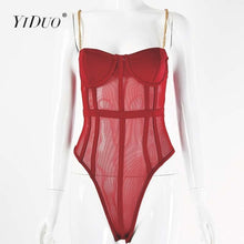 Load image into Gallery viewer, YiDuo Metal Chain Spaghetti Strap Mesh Sexy Bodysuit Women Transparent Skinny Rompers Ladies Backless Night Club Black Bodysuits