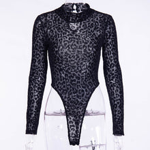 Load image into Gallery viewer, Long Sleeve Bodysuit Women Clubwear Black Bodycon Turtleneck Bodysuit See Through Body Suits Ladies Sexy Mesh Leopard Bodysuits