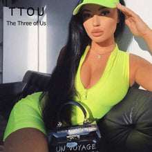 Load image into Gallery viewer, TTOU Neon Green Playsuit for Women Front Zipper Skinny Sleeveless Playsuit Bodycon Jumpsuit Short Rompers Bodysuit Summer