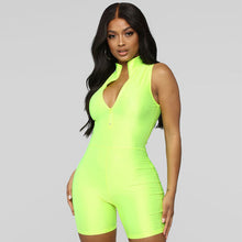 Load image into Gallery viewer, TTOU Neon Green Playsuit for Women Front Zipper Skinny Sleeveless Playsuit Bodycon Jumpsuit Short Rompers Bodysuit Summer