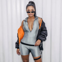 Load image into Gallery viewer, TTOU Neon Green Playsuit for Women Front Zipper Skinny Sleeveless Playsuit Bodycon Jumpsuit Short Rompers Bodysuit Summer