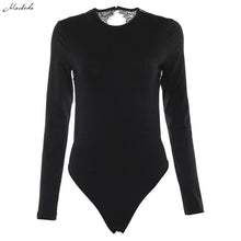 Load image into Gallery viewer, Macheda Sexy Backless Lace Patchwork Bodysuit Black O Neck Long Sleeve Slim Women Bodysuits Skinny Party Bodysuit 2018 New
