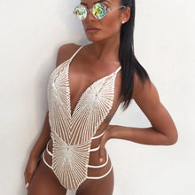 Load image into Gallery viewer, New 2019 Women Sequnis Strappy Backless Bodysuit Sleeveless Summer Beach Hot Bodysuits Navy Cross Slim Cami Bodysuit