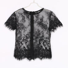 Load image into Gallery viewer, COCKCON Sexy Blusas Transparent Lace Tops Femininas Black Short Sleeve O Neck Hollow Out With Zipper Shirts 2018 New