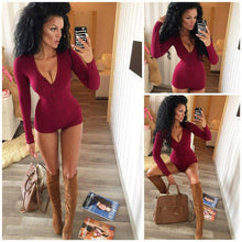 Load image into Gallery viewer, Autumn Women Sexy V Neck Cotton Bodysuit Long Sleeve Clothing Sexy Slim Short Solid Knitted Bodycon Bandage Jumpsuit