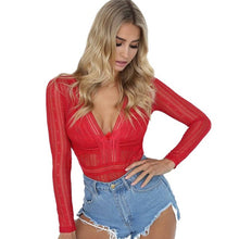 Load image into Gallery viewer, EFINNY Women Slim Transparent Lace Bodysuit Back Hollow Bodycon Club Wear Rompers Sexy Deep V-Neck Lace Mesh Crochet Bodysuit