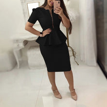 Load image into Gallery viewer, Office Work Dress Women Solid Dresses Short Sleeve Ol Business Dress Elegant Sheath Party Vestidos Blue Black Plus Size