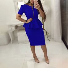 Load image into Gallery viewer, Office Work Dress Women Solid Dresses Short Sleeve Ol Business Dress Elegant Sheath Party Vestidos Blue Black Plus Size