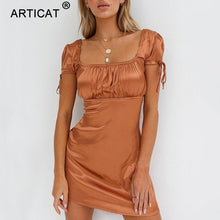 Load image into Gallery viewer, Articat 2019 White Satin Mini Summer Dress Women Square Collar Short Sleeve Short Beach Dress Solid Casual Dress Female Vestidos