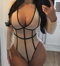 Load image into Gallery viewer, Hirigin Sexy Women White Sheer Mesh Lace Striped Print Jumpsuit Long Sleeve Top Bodysuit